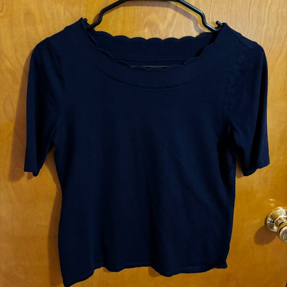 Talbots Navy Scalloped Neck Top Tee‎ - Picture 2 of 12